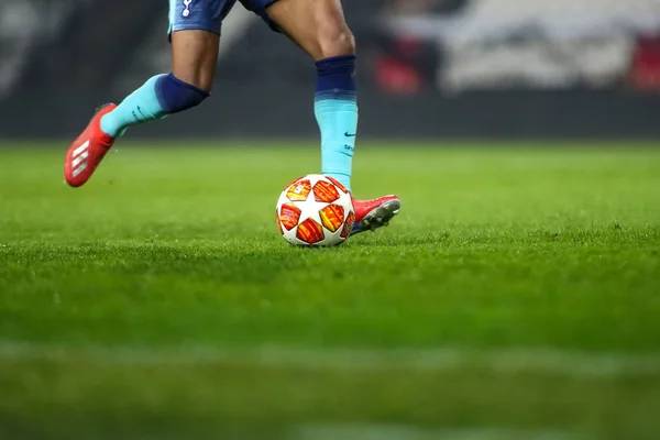 Thessaloniki Greece February 2019 Footballer Feet Ball Field Uefa Youth — Stock Photo, Image