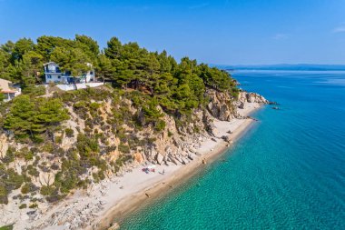 Chalkidiki Fava Plajı görünümü, Yunanistan. Hava Fotoğrafçılığı.