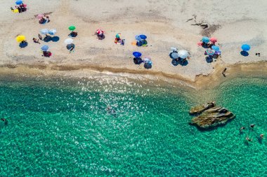 Chalkidiki, Yunanistan'daki Fava Plajı'nın en iyi manzarası. Hava Fotoğrafçılığı