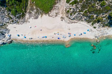 Chalkidiki, Yunanistan'daki Fava Plajı'nın en iyi manzarası. Hava Fotoğrafçılığı