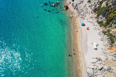 Chalkidiki, Yunanistan'daki Fava Plajı'nın en iyi manzarası. Hava Fotoğrafçılığı