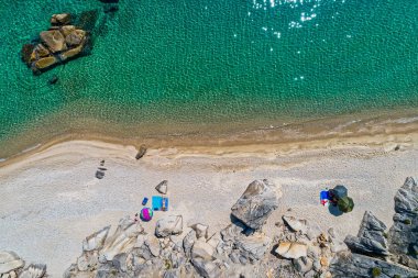 Chalkidiki, Yunanistan'daki Fava Plajı'nın en iyi manzarası. Hava Fotoğrafçılığı