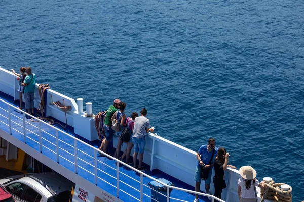 Big ferry boat deck with passengers and cars, runs from Keramoti — Stock Photo, Image