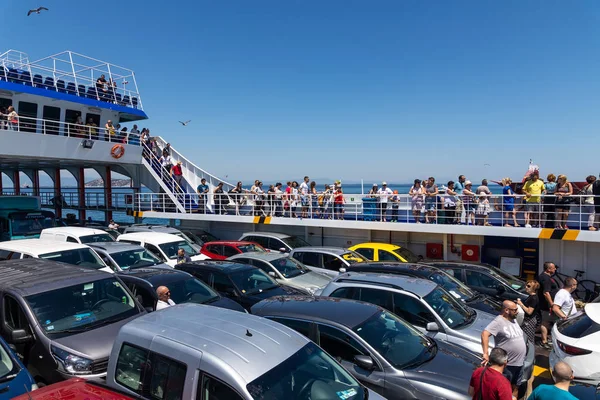 Big ferry boat deck with passengers and cars, runs from Keramoti — Stock Photo, Image