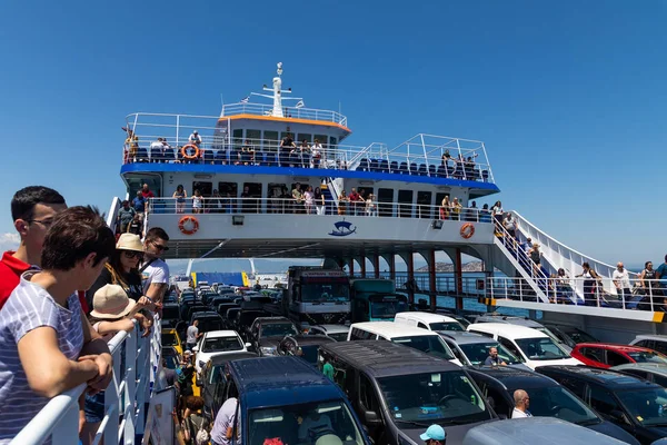 Big ferry boat deck with passengers and cars, runs from Keramoti — Stock Photo, Image