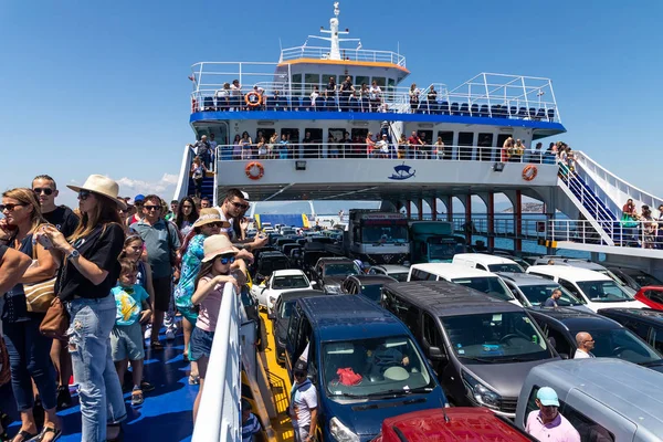 Big ferry boat deck with passengers and cars, runs from Keramoti — Stock Photo, Image