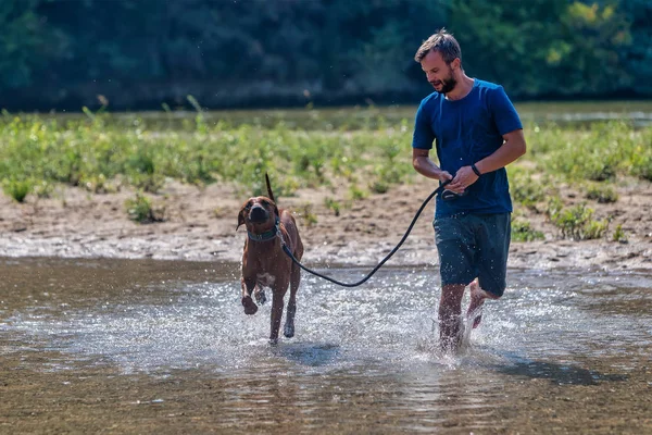 Boldog fiatalember kutyájával szórakozás úszás a folyón. szerelem — Stock Fotó