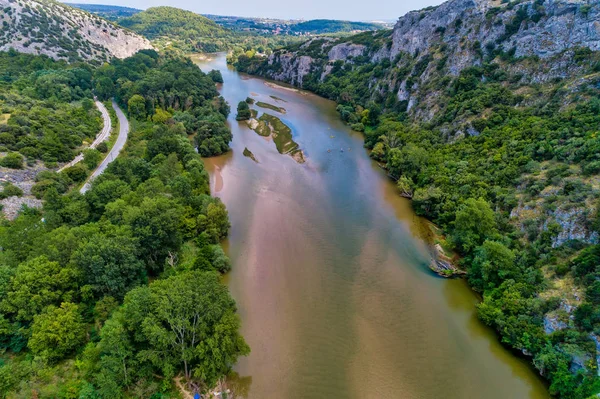 Letecký pohled na dobrodružný tým kajaky — Stock fotografie