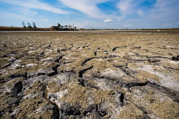 視点でひびの入った粘土の自然な風合いを持つ乾燥湖ベッド — ストック写真