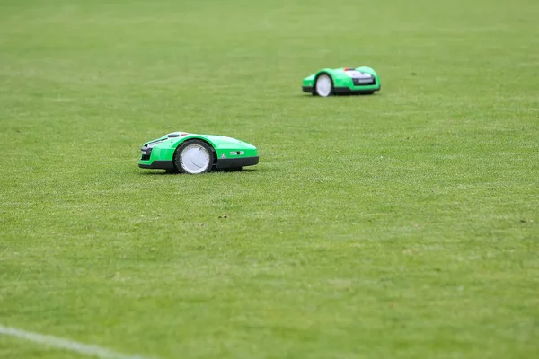 Automatic robotic lawnmower on green grass in the stadium — Stock Photo, Image