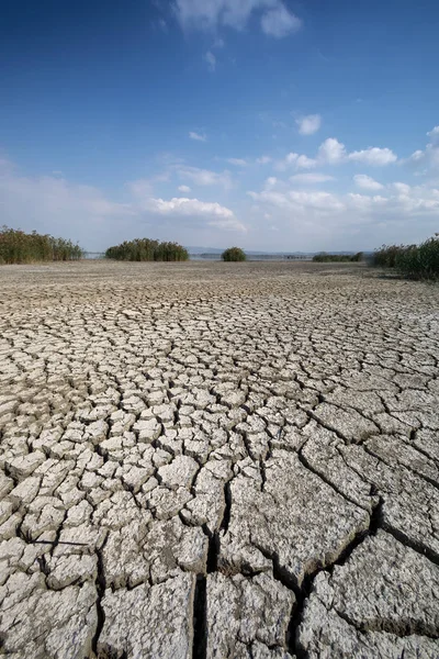 視点でひびの入った粘土の自然な風合いを持つ乾燥湖ベッド — ストック写真