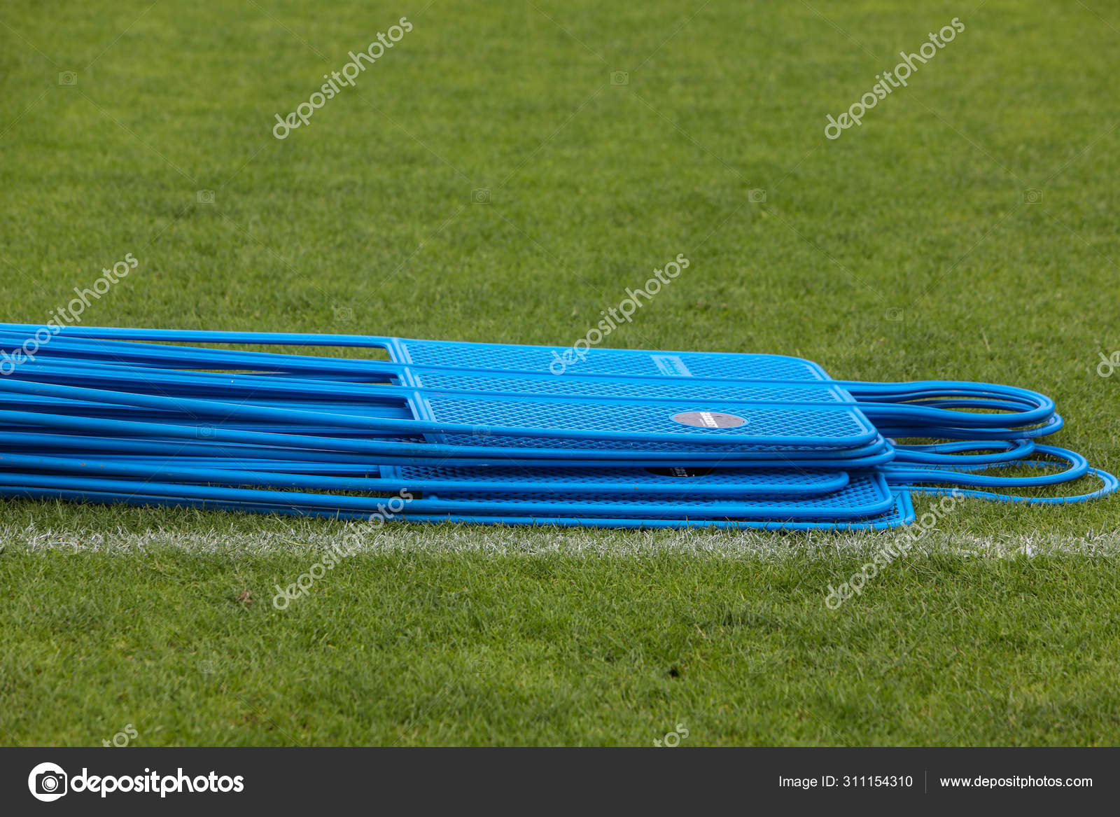 Soccer (football), training dummies on the green field of the st
