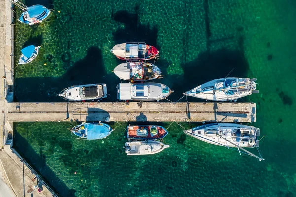 Aerial View Traditonal Fishing Sailboat Boats Porto Koufo Sithonia Peninsula — Stock Photo, Image