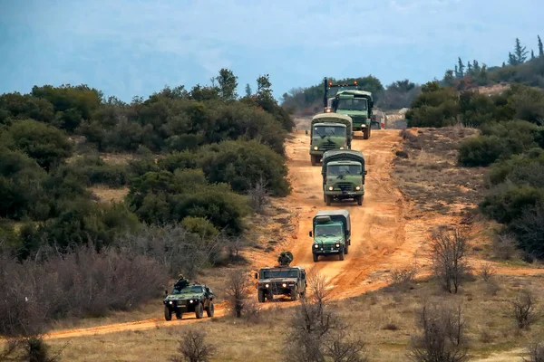希腊阿斯科斯 2020年2月14日 军用车辆参加了希腊 美国陆军和其他6个国家之间的国际实弹军事演习 金羊毛 — 图库照片
