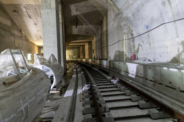 Thessaloniki, Greece - May 23, 2020: Construction of metro in the center of town in Thessaloniki