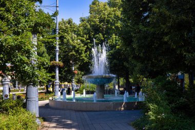 Debrecen, Hungary July 30, 2025: Beautiful ornate fountain with powerful water jets creating dramatic splashes in the city center against historic building backdrop.