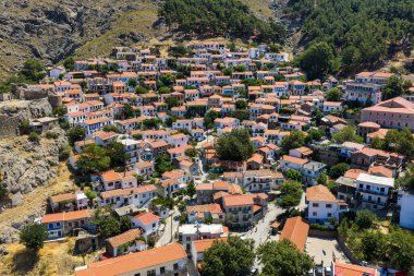 Açık bir yaz gökyüzünün altında, derin mavi denizin üzerindeki yeşil bir yamaçta, kırmızı çatıları ve şatosu olan geleneksel köy..