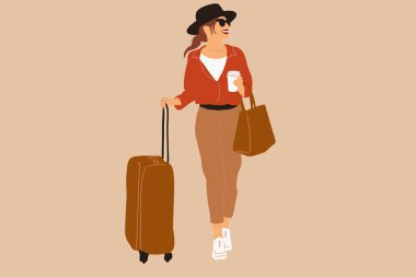 Arka planda seyahat eden bavulu olan kadın.