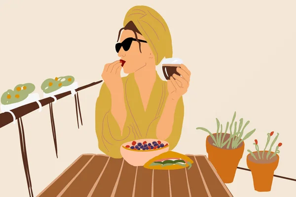 Mujer disfrutando de la comida en el balcón — Vector de stock