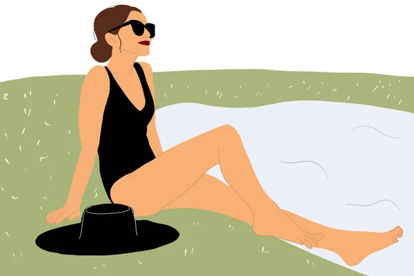 Mulher tomando banho de sol durante umas férias de verão — Vetor de Stock