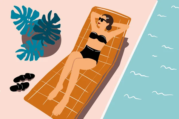 Mujer tomando el sol durante unas vacaciones de verano — Vector de stock