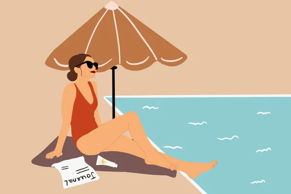 Mulher tomando banho de sol durante umas férias de verão —  Vetores de Stock