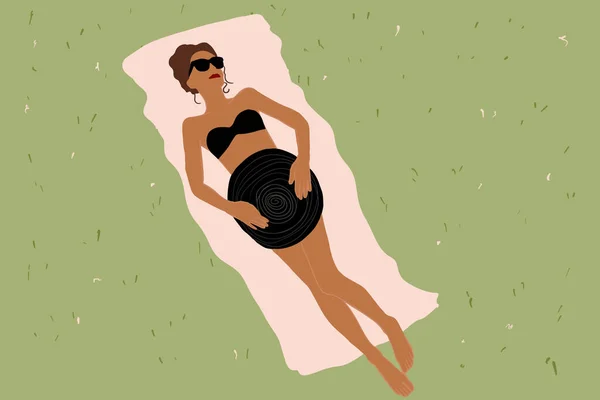 Ilustração de uma mulher em banho de sol de banho de banho em um cobertor — Vetor de Stock