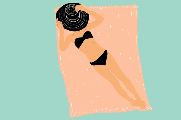 Ilustração de uma mulher em banho de sol de banho de banho em um cobertor — Vetor de Stock