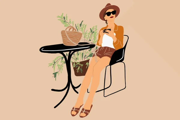 Mulher bonita bebendo café no café —  Vetores de Stock