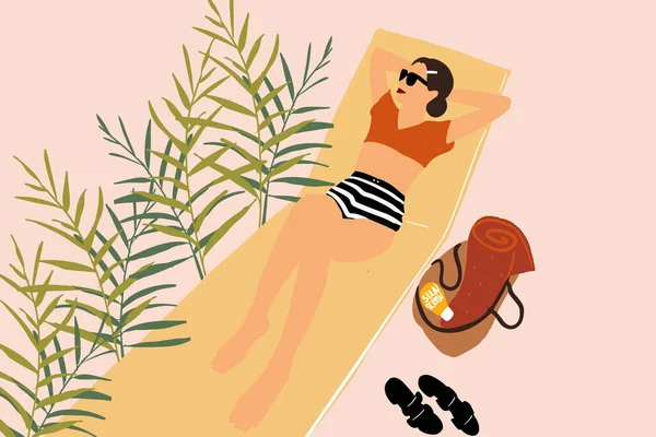 Ilustración de una mujer tomando el sol sobre una manta — Vector de stock