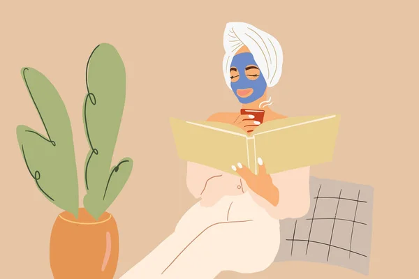 Vrouw leesboek met gezichtsmasker thuis — Stockvector