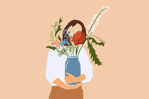 Mujer con hermoso ramo de flores — Vector de stock