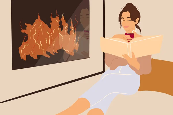 Woman reading book near the fireplace — Stock Vector