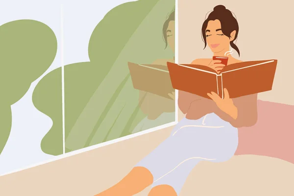 Woman reading book near the window at home — Stock Vector