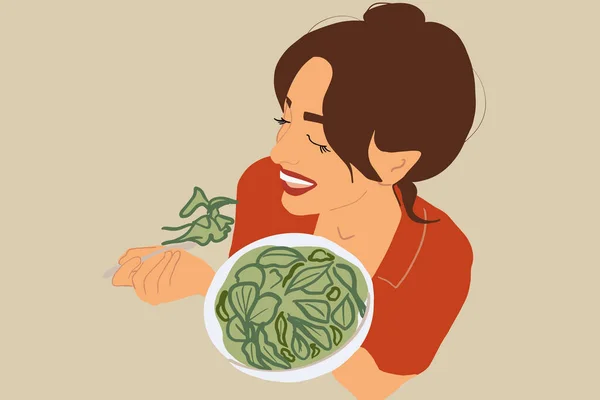 Sağlıklı yiyecekleri olan bir kadın tasviri — Stok Vektör