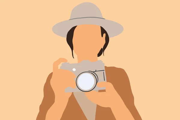 Female traveler with a photo camera on the background — Stock Vector