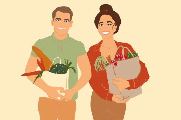 Ilustrasi pasangan dengan tas belanja yang penuh dengan makanan segar - Stok Vektor