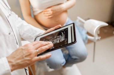 Muayene sırasında doğmamış çocuğun ultrason taraması yapan bir doktor.