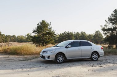 Dnipro, Ukrayna - 01 Eylül 2018: toyota corolla gri renk, ormanda, Otopark Dur seyahat