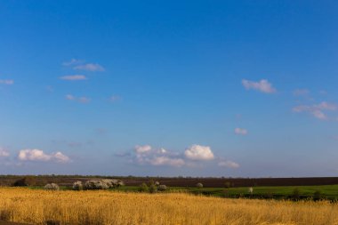 Bahar kırsal manzara mavi gökyüzü ve beyaz bulutlar altında alanlarının