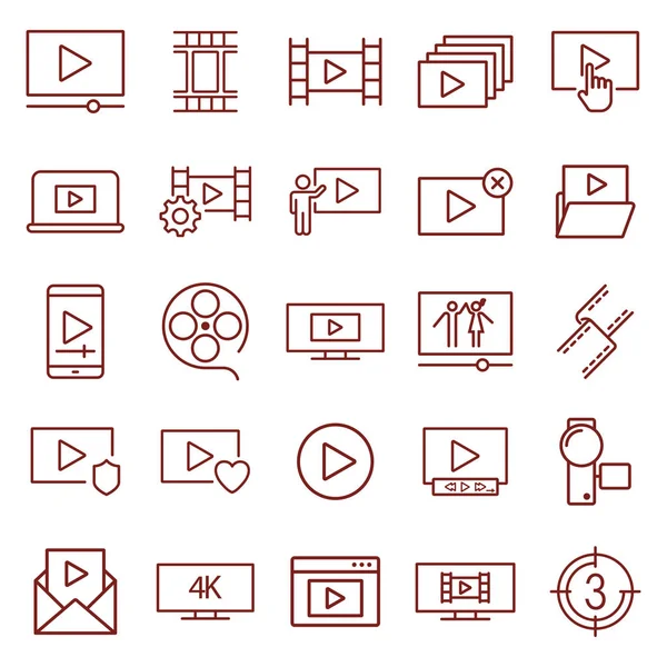 Video, Kino, Film. minimale dünne Linie Web-Symbol gesetzt. einfache Vektorillustration skizzieren. Konzept für Infografik, Website oder App. — Stockvektor