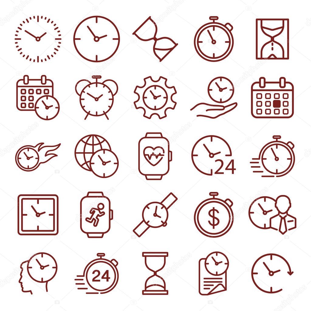 Time. Timer, Speed, Alarm, Restore, Time Management, Calendar and more. Minimal thin line web icon set. Simple vector illustration outline.