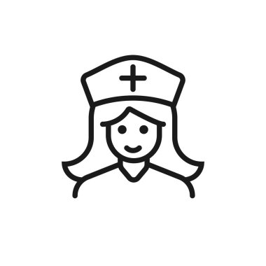 Kadın doktor çizgi simgesi, hekim anahat vektör logosu ikon