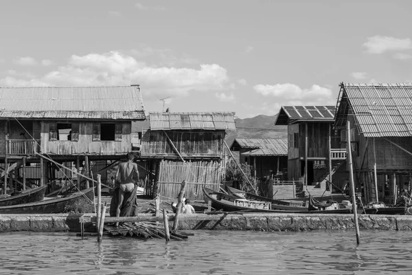 Inle Lake Myanmar November 2018 Black White Picture Boat View — Stock Photo, Image