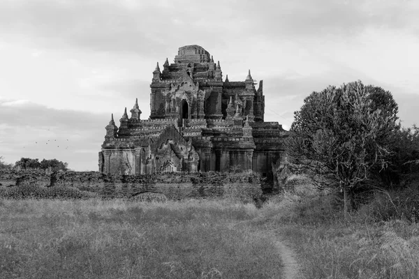 ミャンマー バガンの日没時のティツァルワディ寺院の遺跡の白黒写真 — ストック写真