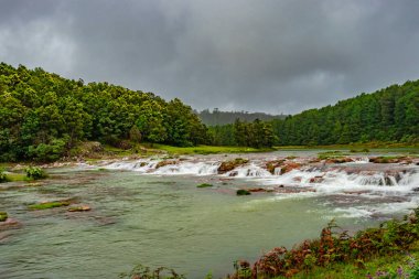 Kırmızı kaya ve yeşil yemyeşil orman düz açı görüntülü şelale Güney Hindistan 'daki Ooty Tamilnadu Gölü' nde çekilmiştir. Güney Hindistan 'ın güzel manzarasını gösteriyor..