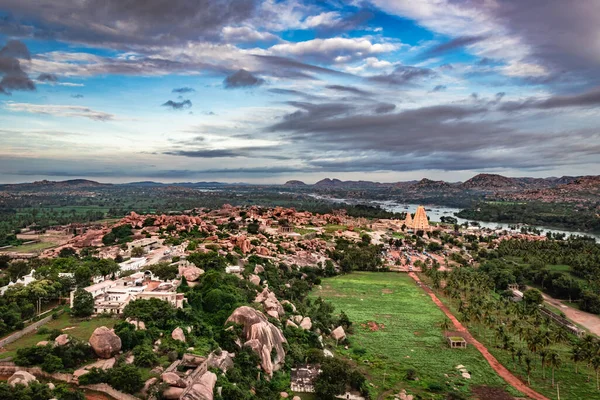 mountain serene landscape with blue sky at morning flat angle shot image is taken at Matanga hill hampi karnataka india. it described as the Saint Matanga from Ramayana.