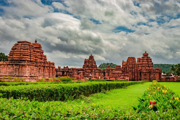Pattadakal Tempel Komplexe Gruppe Von Denkmälern Atemberaubende Steinkunst Mit Dramatischen — Stockfoto