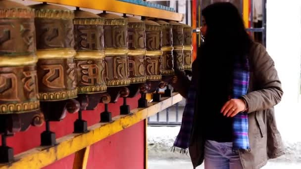 Girl Spinning Buddhist Monastery Prayer Wheels Hand Close Clip — Stock Video