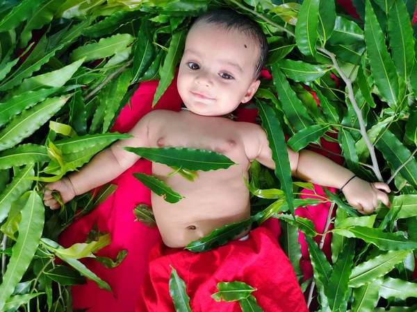 Bayi Bermain Dengan Daun Dan Menunjukkan Ekspresi Wajah Manisnya Menutup — Stok Foto